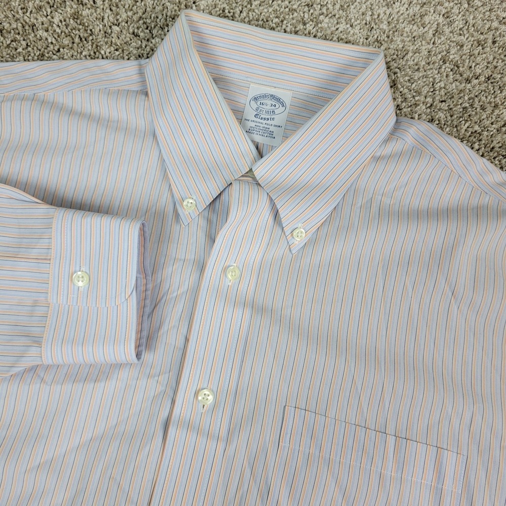 Brooks Brothers Classic Mens 16.5-34 Blue Striped Button Down Long Sleeve